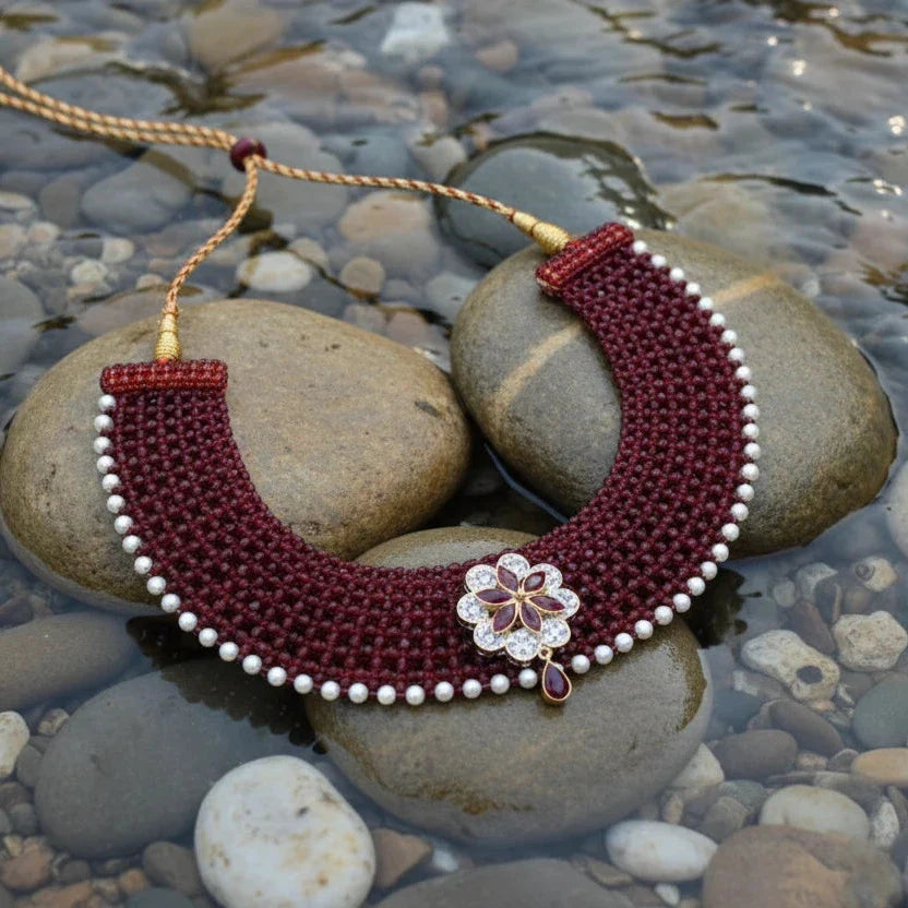 Gold Plated Maroon Bridal Choker Necklace | 92.5 Silver Festive Jewellery Online India