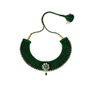 Green beaded necklace with a floral clasp on a beige fabric background