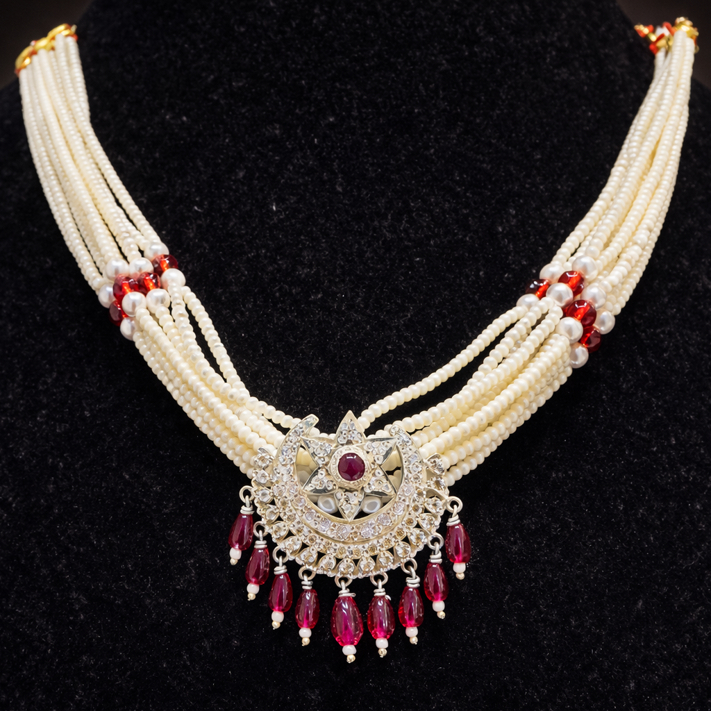 Traditional Pearl Ruby Wedding Necklace – 925 Silver Royal Design