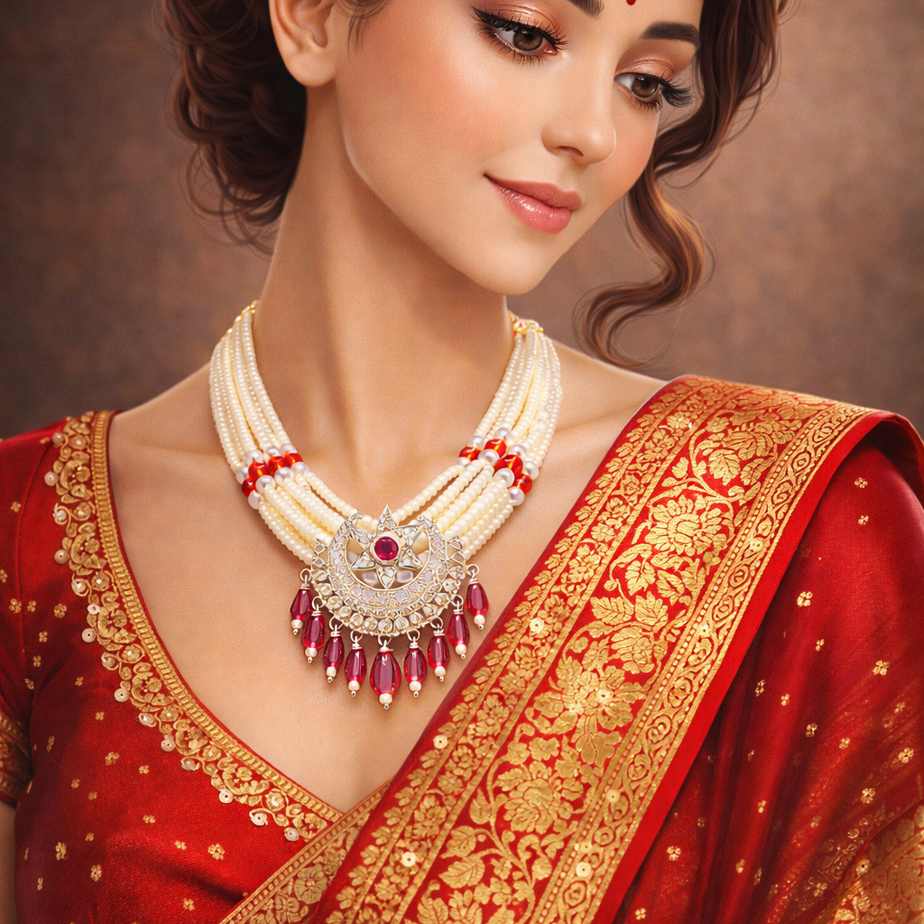 Traditional Pearl Ruby Wedding Necklace – 925 Silver Royal Design