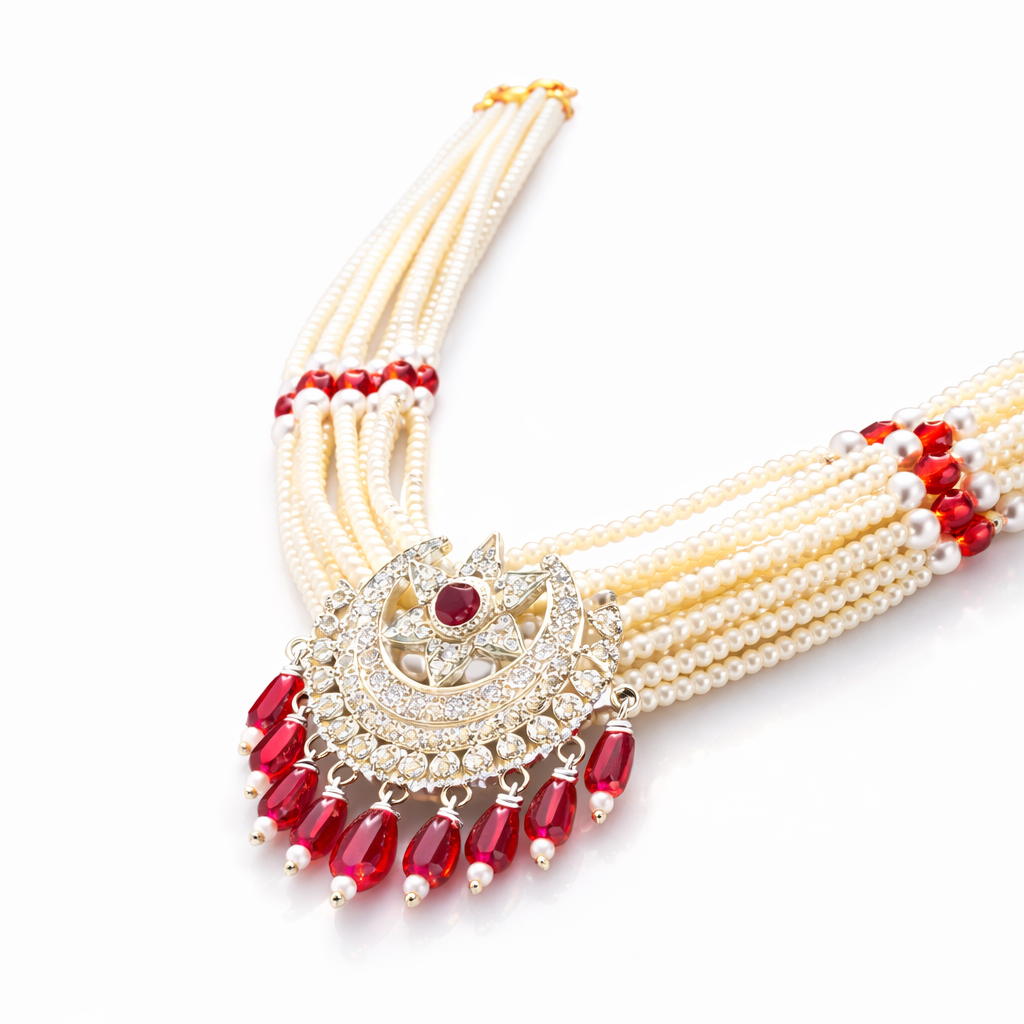 Traditional Pearl Ruby Wedding Necklace – 925 Silver Royal Design
