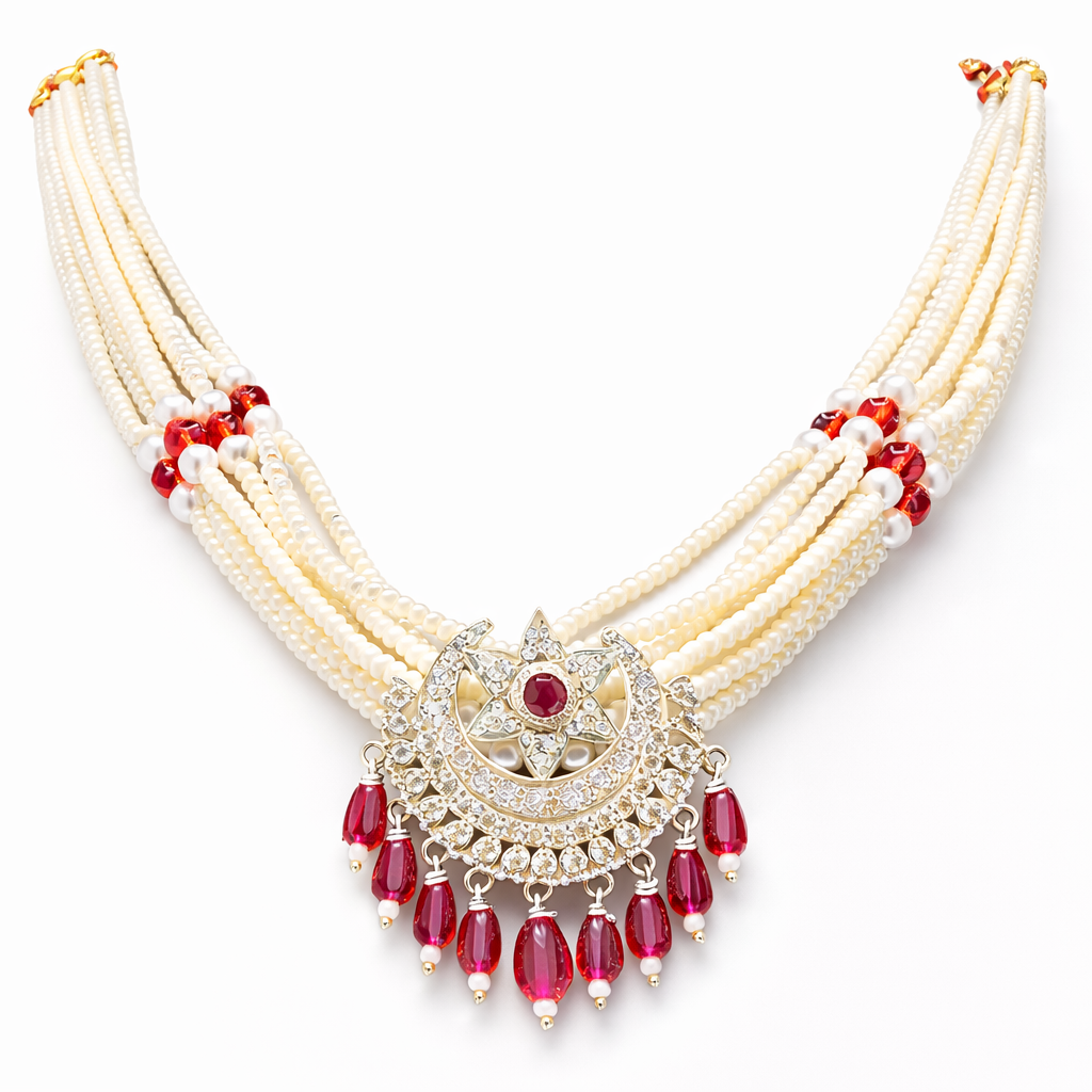 Traditional Pearl Ruby Wedding Necklace – 925 Silver Royal Design