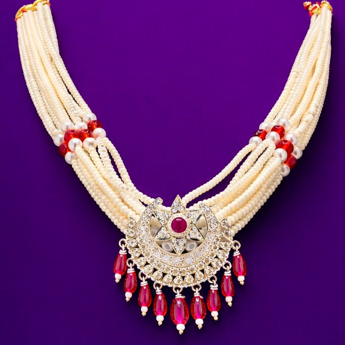 Traditional Pearl Ruby Wedding Necklace – 925 Silver Royal Design