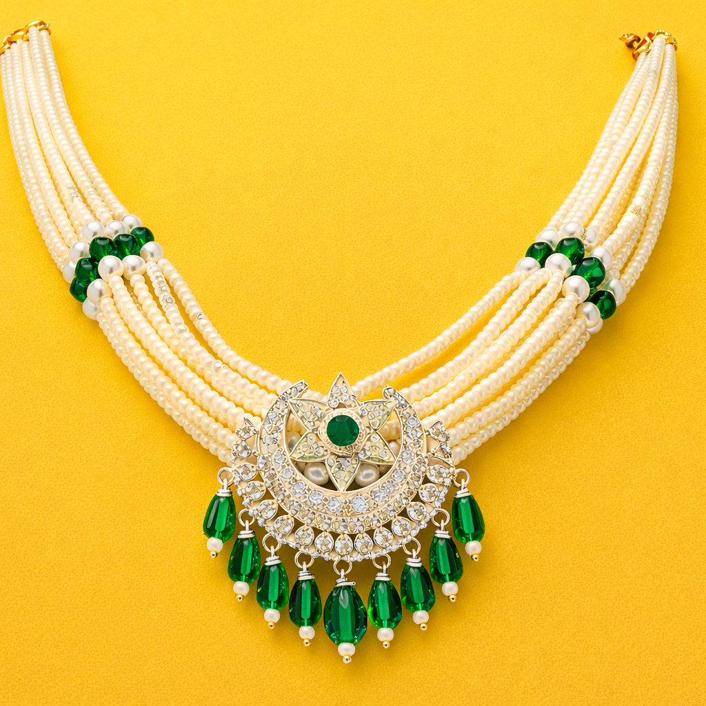 Traditional Pearl Ruby Wedding Necklace – 925 Silver Royal Design